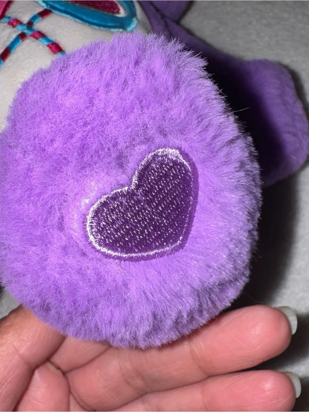 Care Bears Purple Plush with Pink & Blue Heart Lollipop Belly Badge